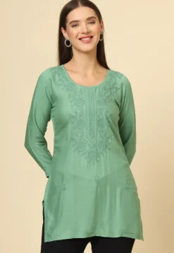 Embroidered Rayon Kurti in Dusty Green