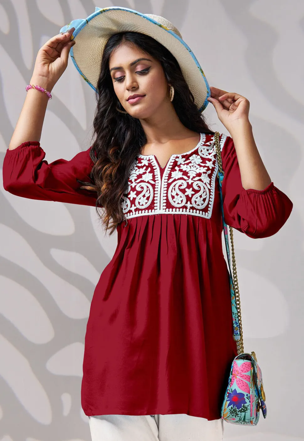 Embroidered Rayon Kurti in Red