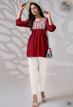 Embroidered Rayon Kurti in Red