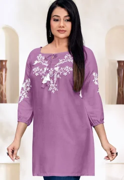 Embroidered Rayon Kurti in Purple