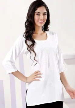 Embroidered Rayon Kurti in Off White