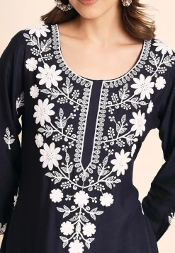 Embroidered Rayon Kurti in Navy Blue