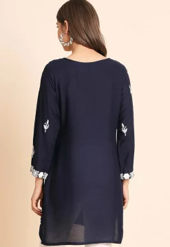 Embroidered Rayon Kurti in Navy Blue