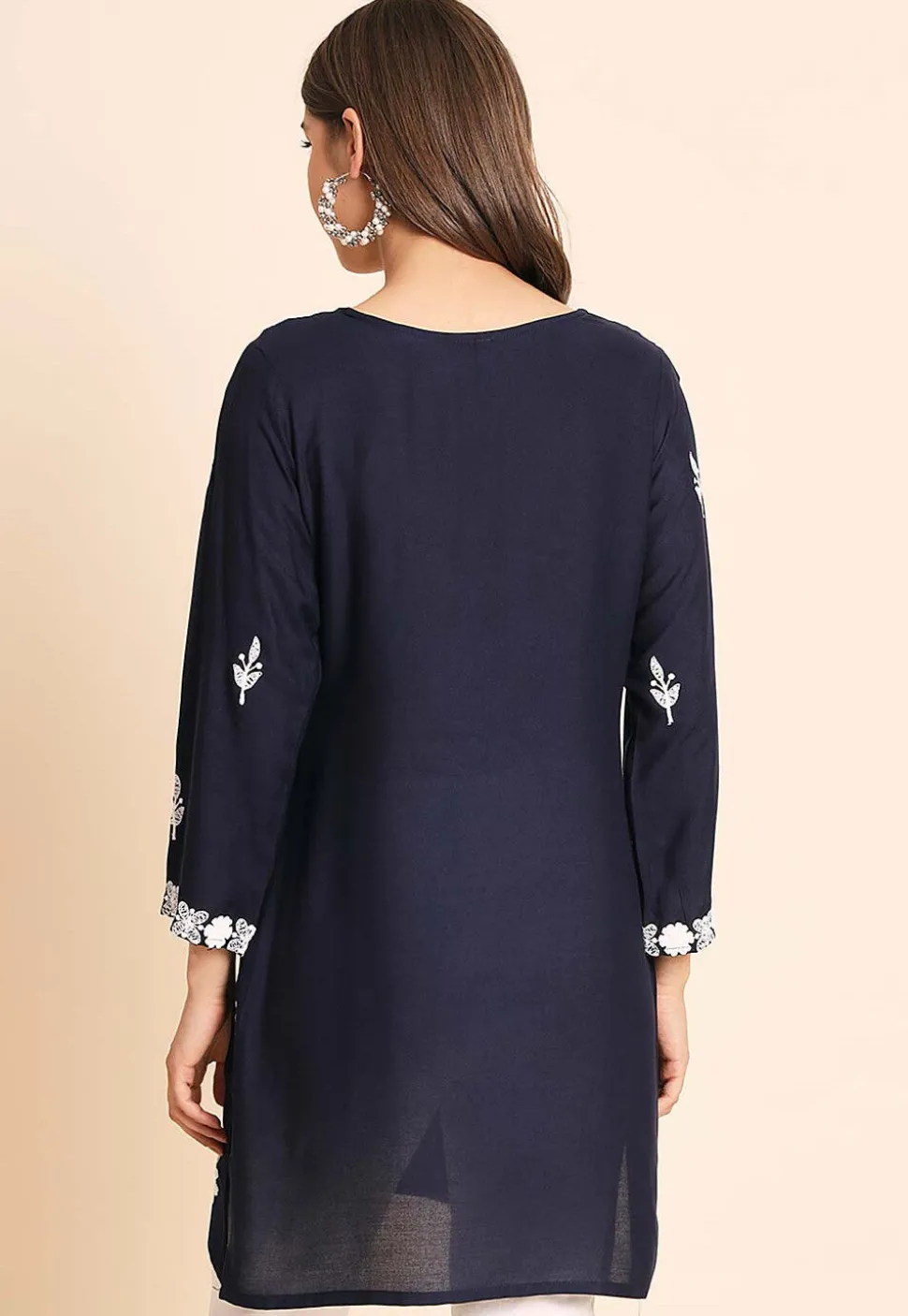 Embroidered Rayon Kurti in Navy Blue