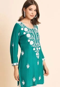 Embroidered Rayon Kurti in Turquoise