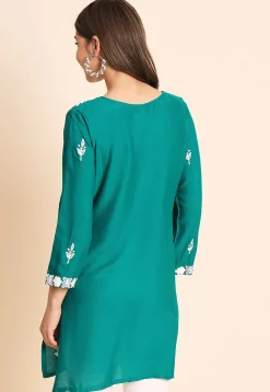 Embroidered Rayon Kurti in Turquoise