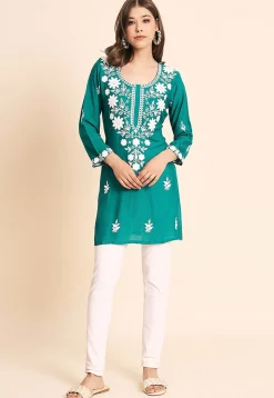 Embroidered Rayon Kurti in Turquoise