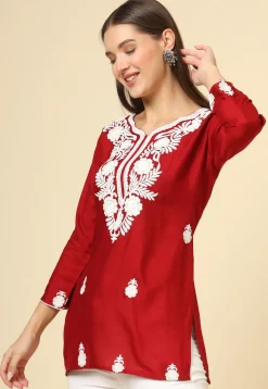 Embroidered Rayon Kurti in Red