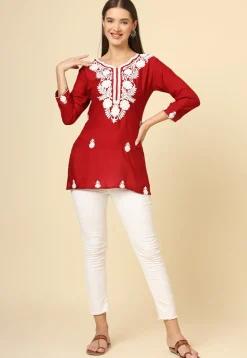 Embroidered Rayon Kurti in Red