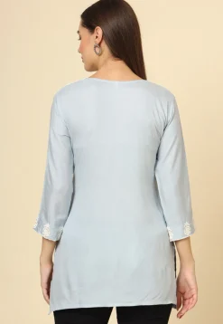 Embroidered Rayon Kurti in Grey
