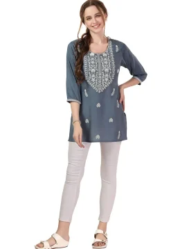 Embroidered Rayon Kurti in Grey