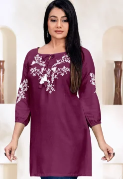 Embroidered Rayon Kurti in Wine