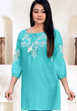 Embroidered Rayon Kurti in Sky Blue