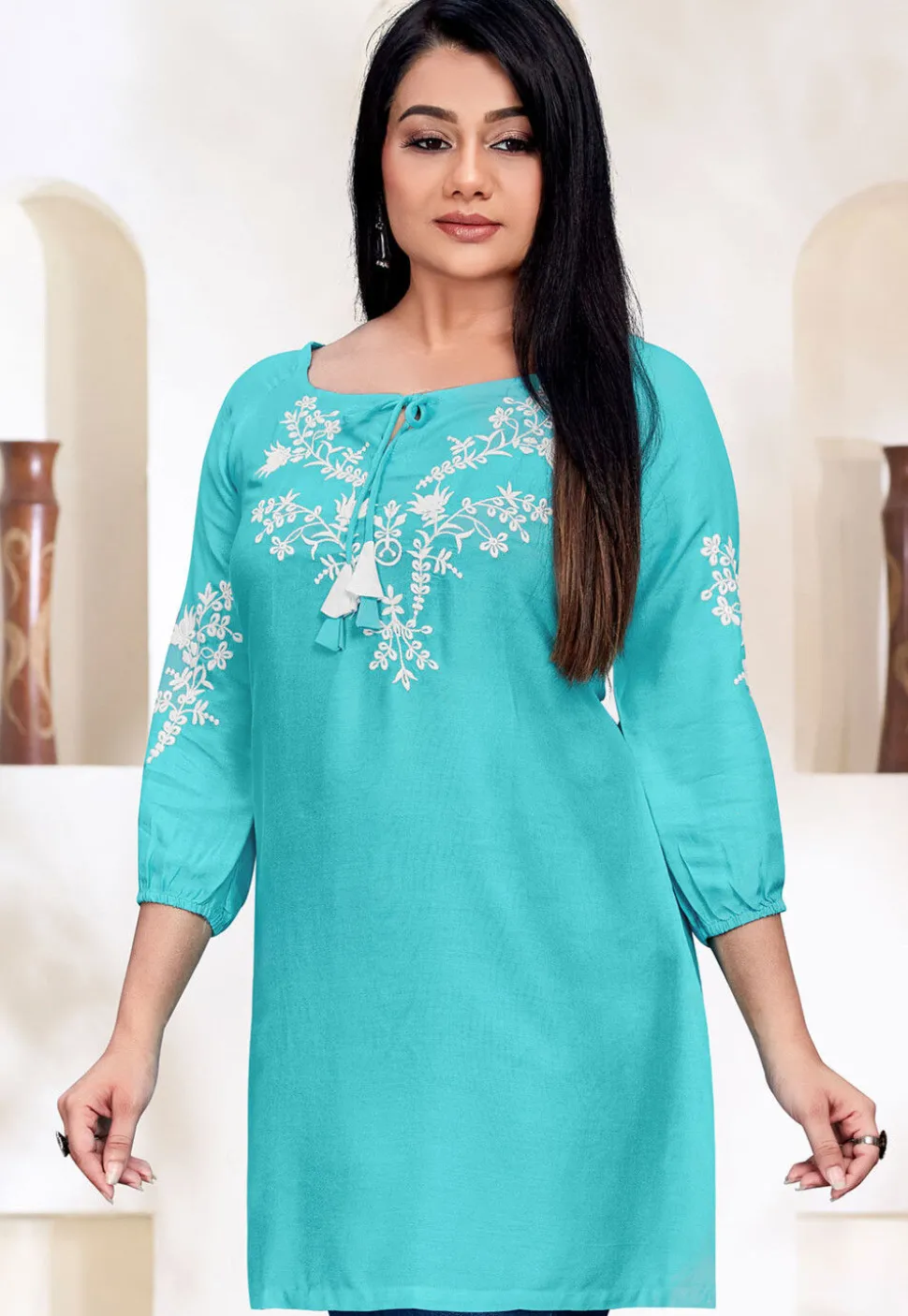 Embroidered Rayon Kurti in Sky Blue