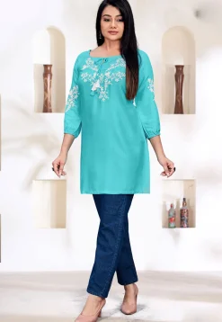 Embroidered Rayon Kurti in Sky Blue