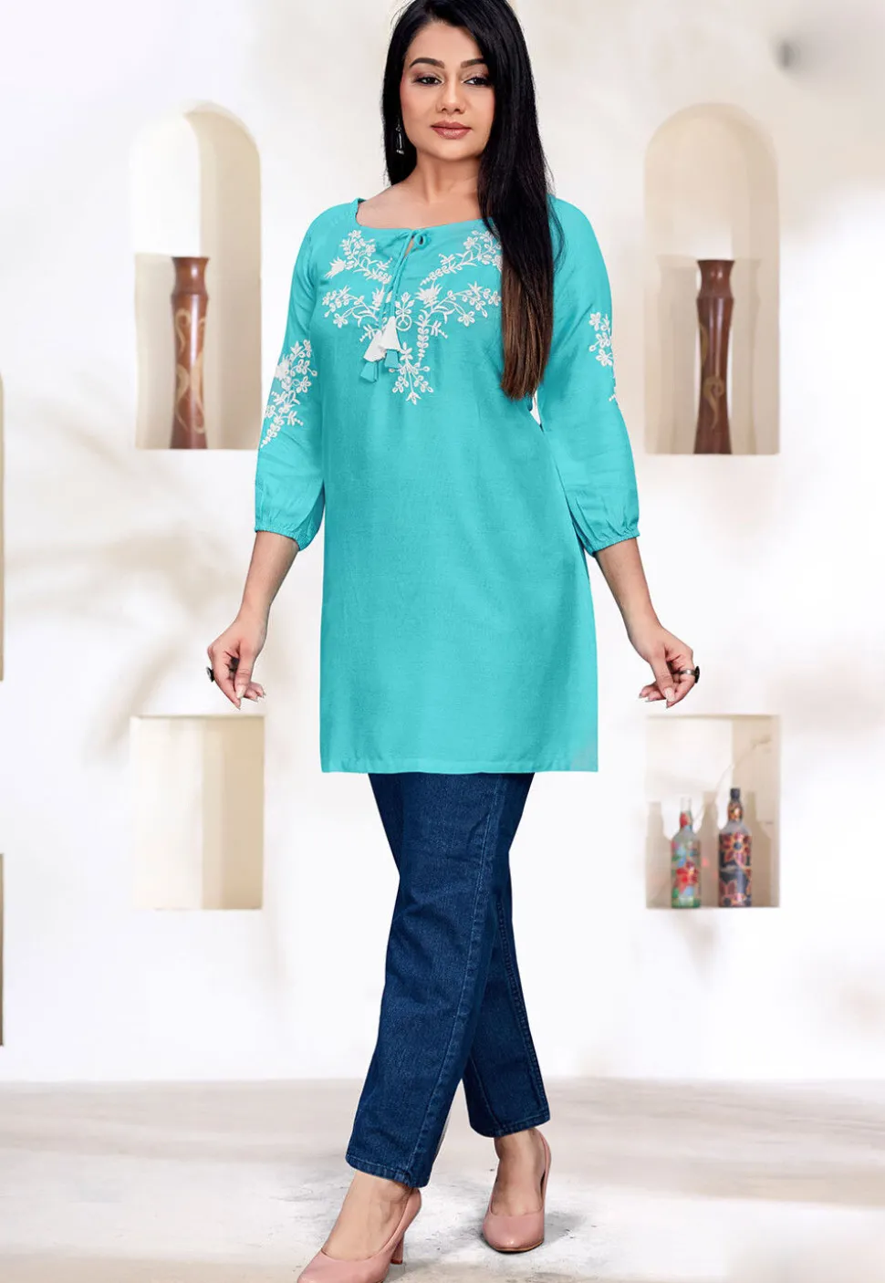 Embroidered Rayon Kurti in Sky Blue