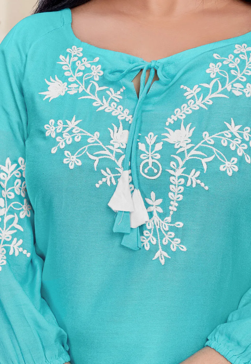 Embroidered Rayon Kurti in Sky Blue