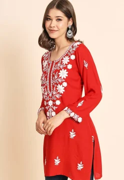Embroidered Rayon Kurti in Red