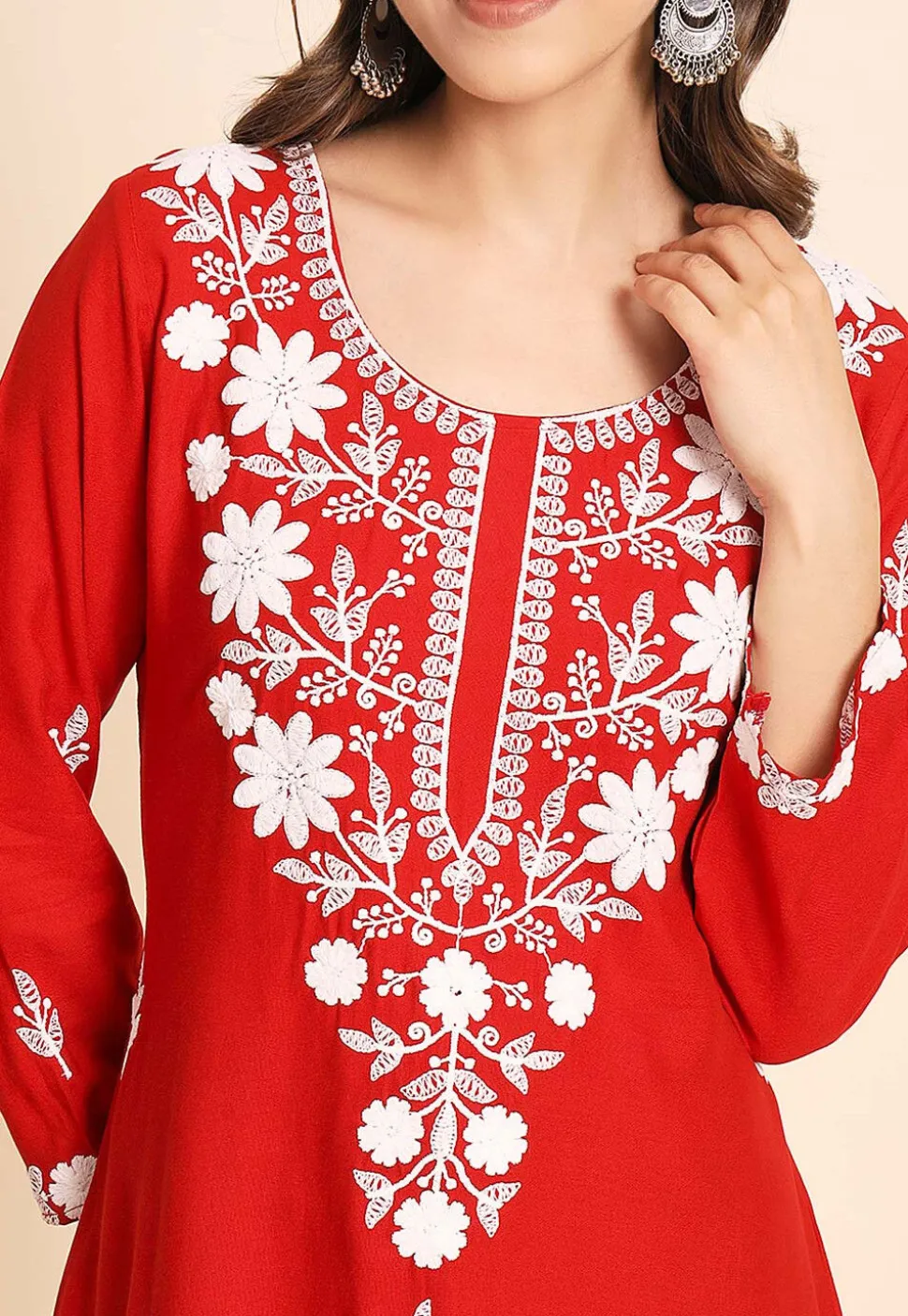 Embroidered Rayon Kurti in Red