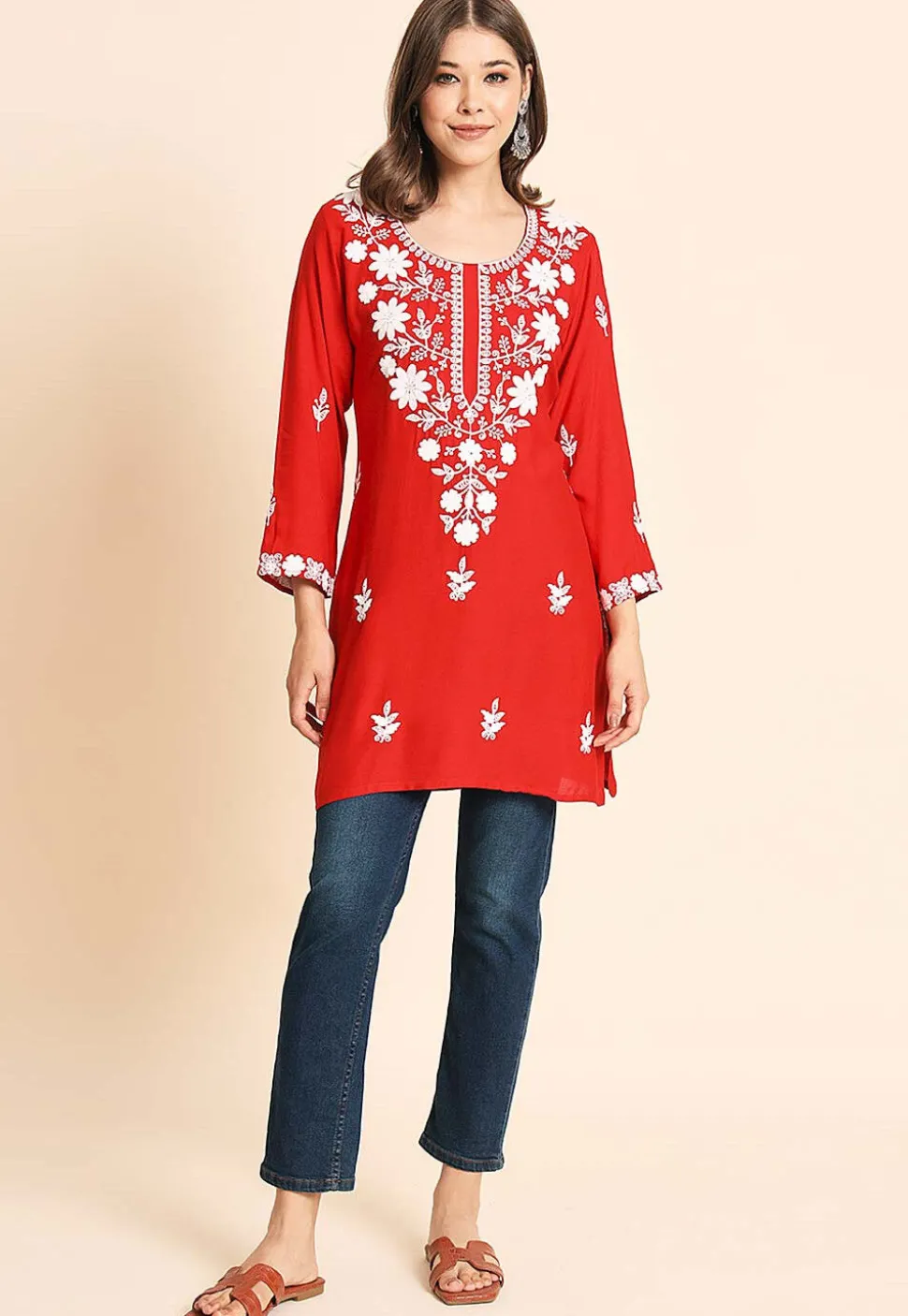 Embroidered Rayon Kurti in Red