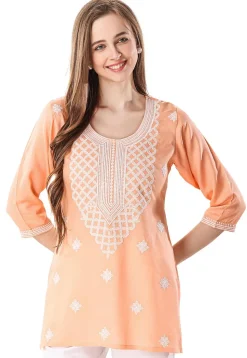 Embroidered Rayon Kurti in Peach