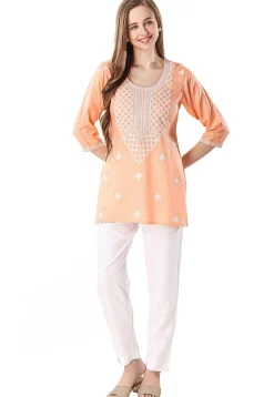Embroidered Rayon Kurti in Peach