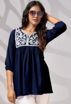 Embroidered Rayon Kurti in Navy Blue