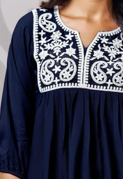 Embroidered Rayon Kurti in Navy Blue