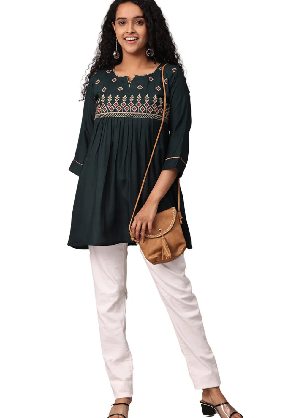 Embroidered Rayon Kurti in Dark Green