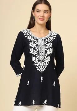 Embroidered Rayon Kurti in Black