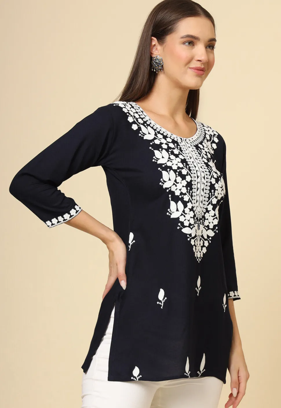 Embroidered Rayon Kurti in Black