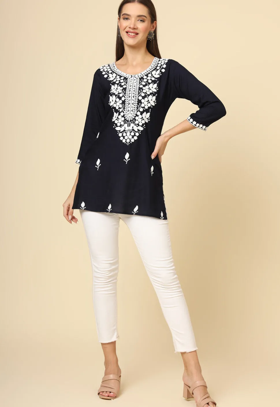 Embroidered Rayon Kurti in Black