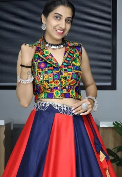 Embroidered Rayon Lehenga in Red and Navy Blue