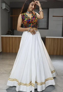 Embroidered Rayon Lehenga in Off White