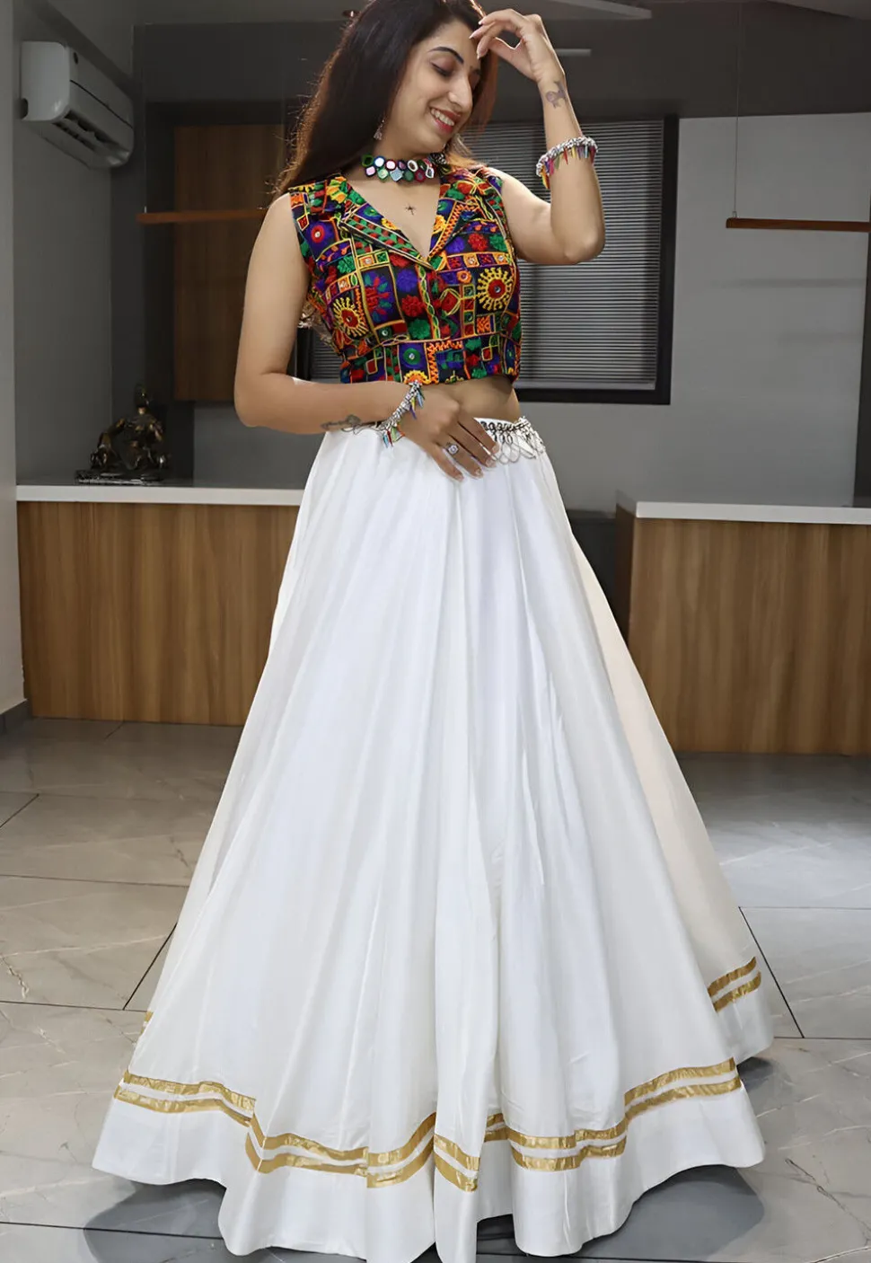 Embroidered Rayon Lehenga in Off White