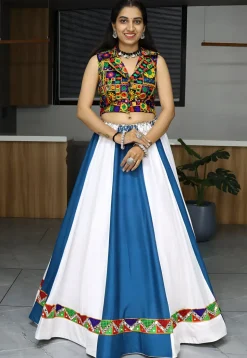 Embroidered Rayon Lehenga in White and Blue