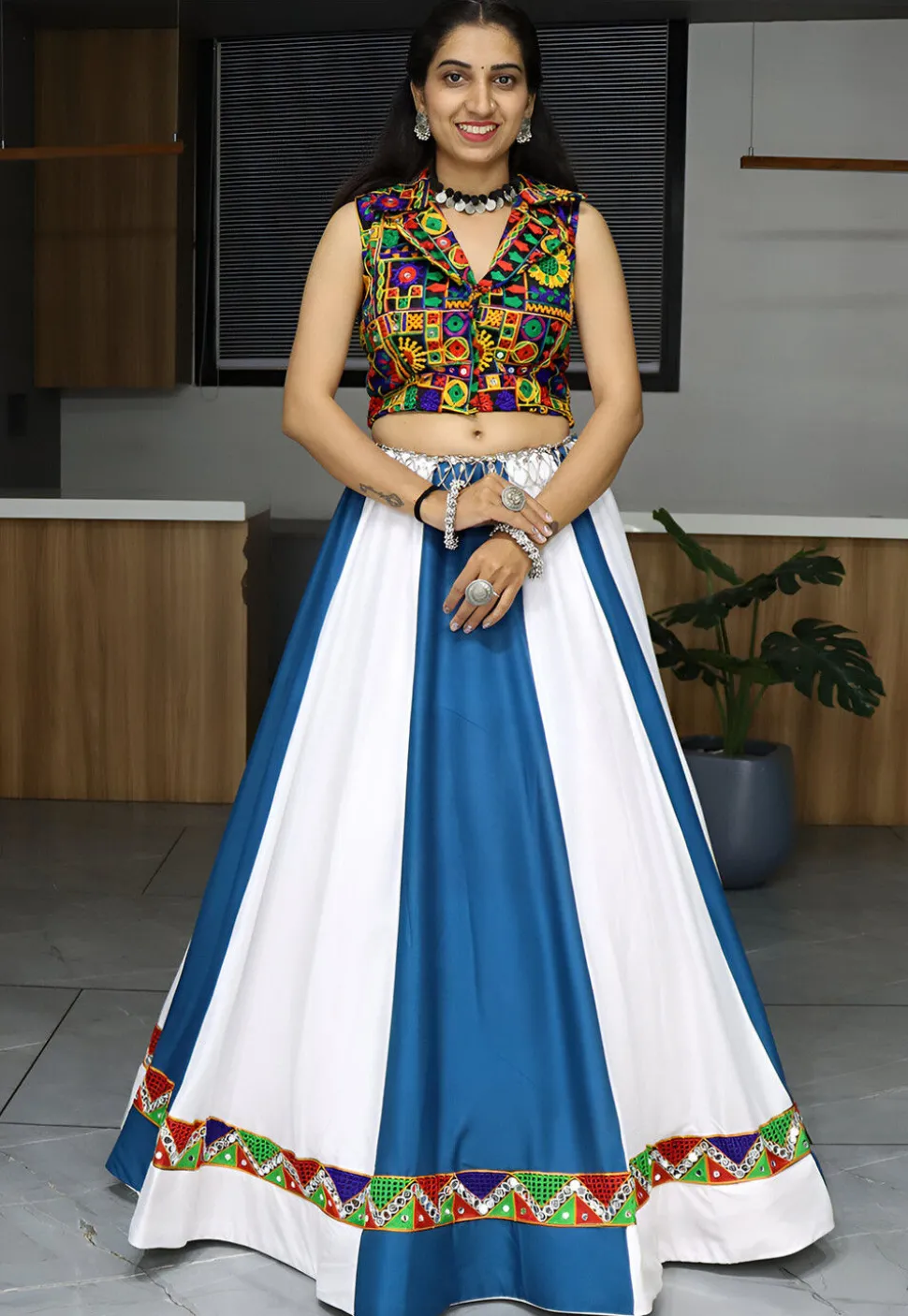 Embroidered Rayon Lehenga in White and Blue