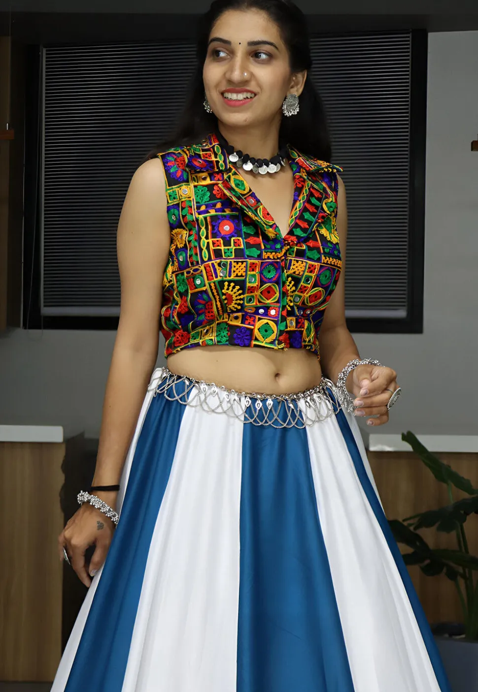 Embroidered Rayon Lehenga in White and Blue