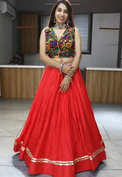 Embroidered Rayon Lehenga in Red