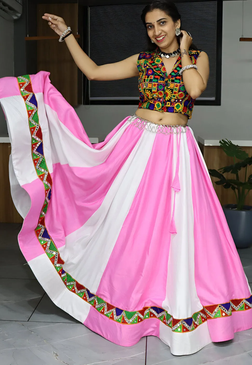 Embroidered Rayon Lehenga in Off White and Pink