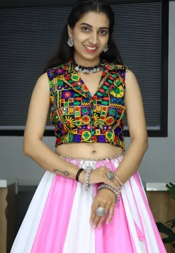 Embroidered Rayon Lehenga in Off White and Pink