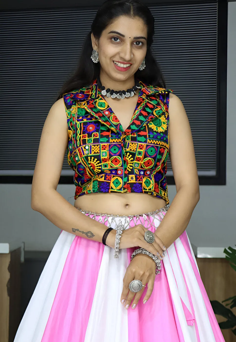 Embroidered Rayon Lehenga in Off White and Pink