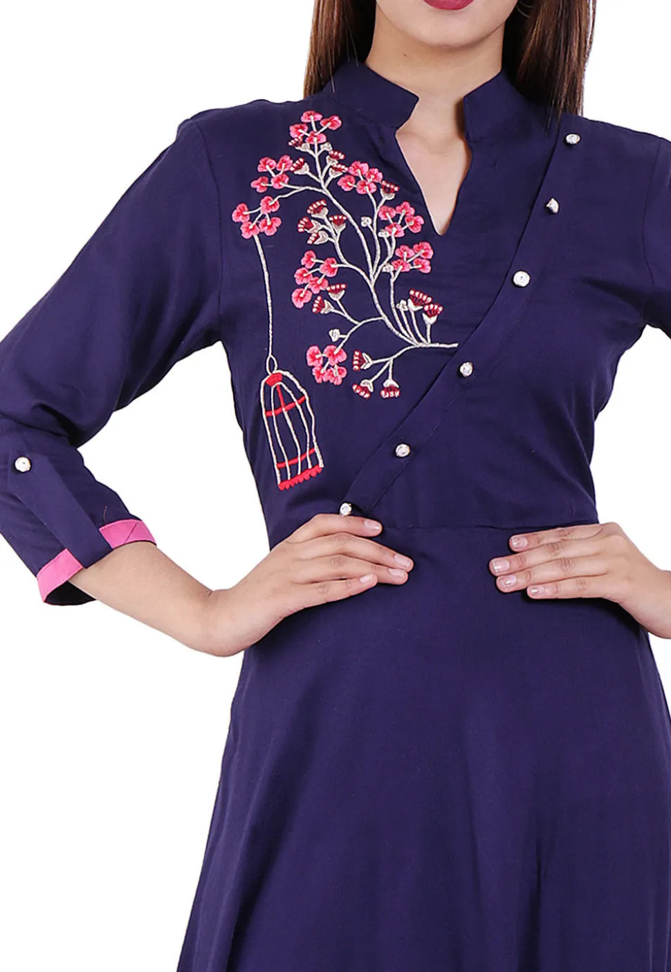 Embroidered Rayon Long Dress in Navy Blue