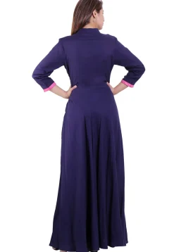 Embroidered Rayon Long Dress in Navy Blue