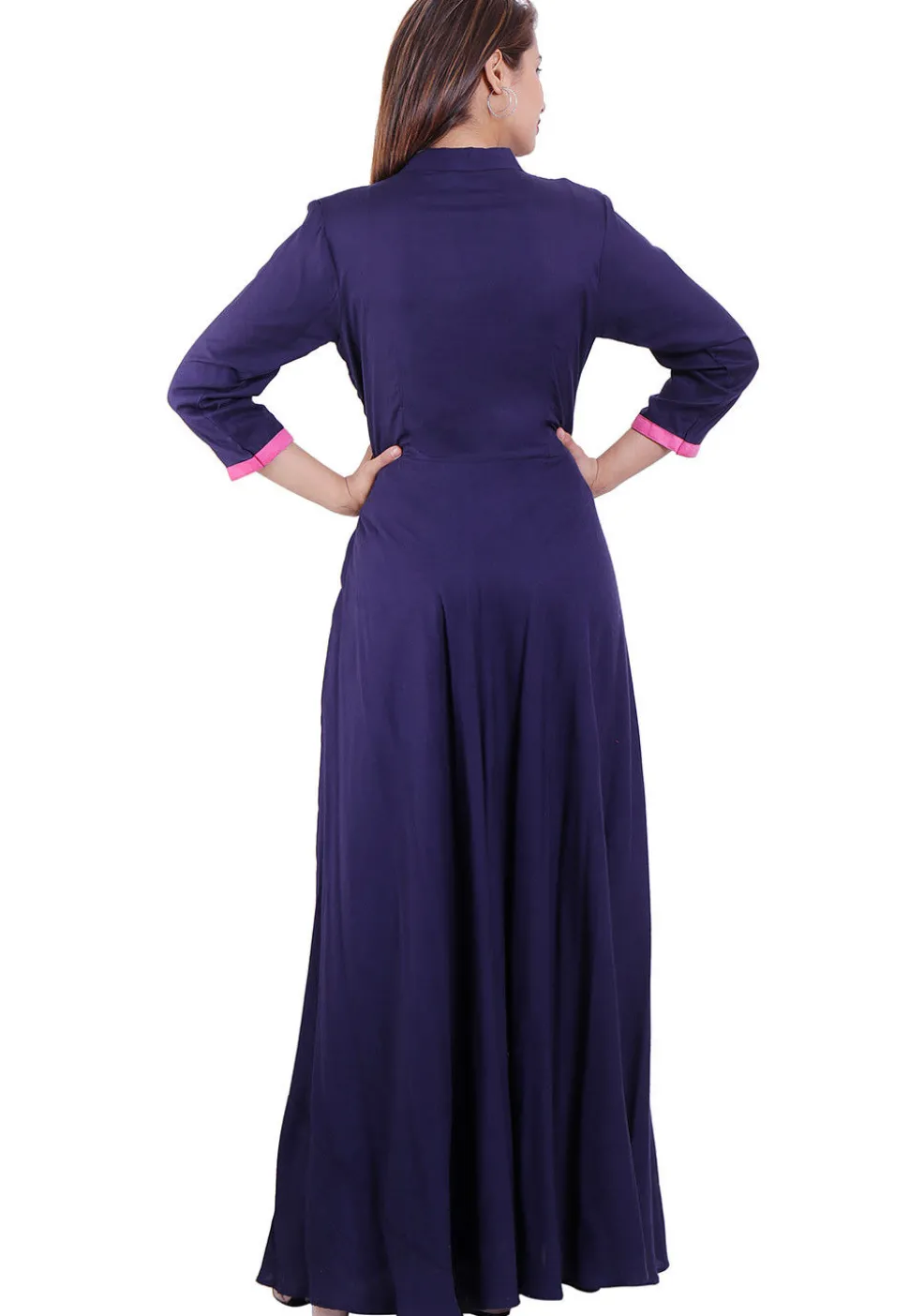 Embroidered Rayon Long Dress in Navy Blue