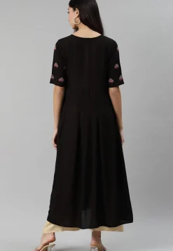 Embroidered Rayon Long Kurta in Black