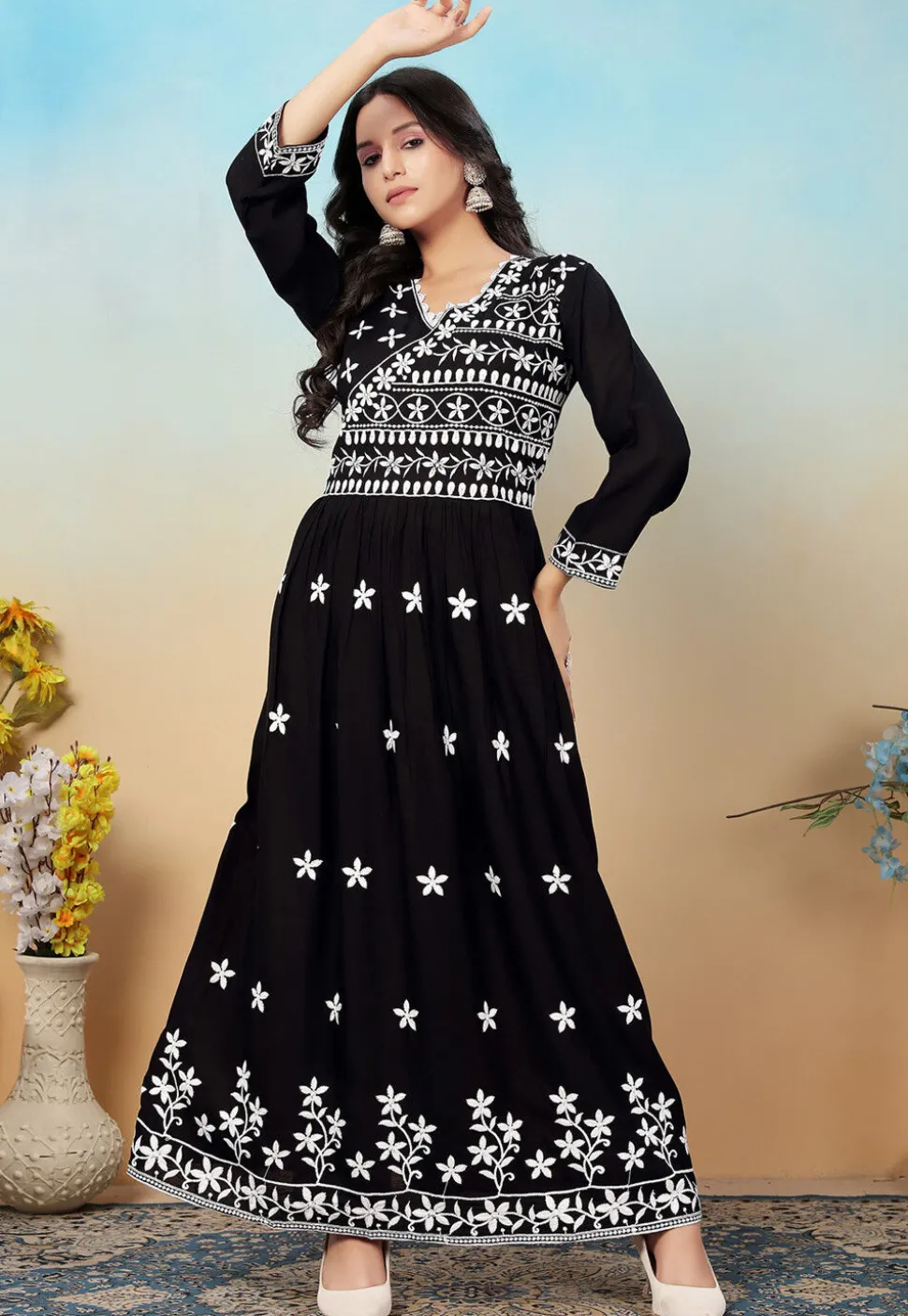 Embroidered Rayon Long Kurta in Black