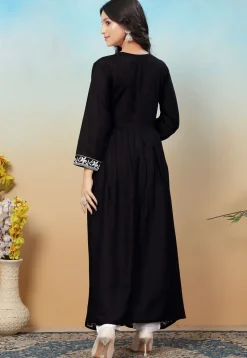 Embroidered Rayon Long Kurta in Black