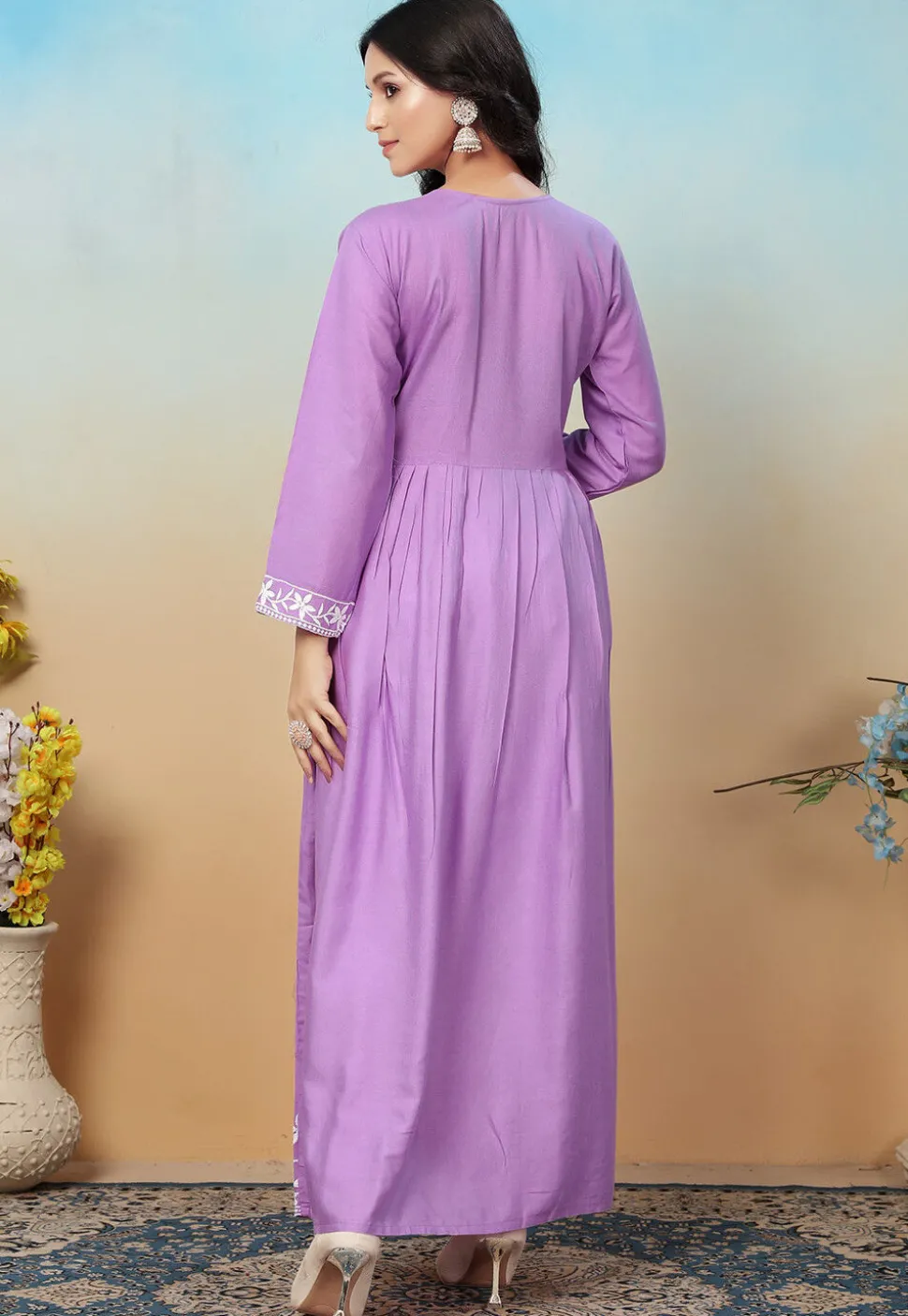 Embroidered Rayon Long Kurta in Purple
