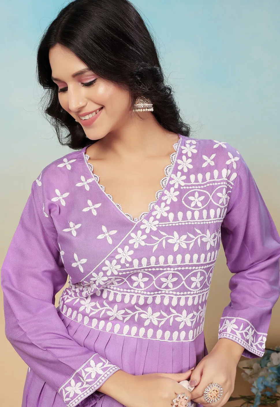 Embroidered Rayon Long Kurta in Purple